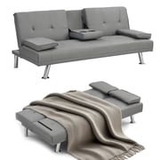 ASINMAK Futon Sofa Bed Convertible Sleeper Couch with 2 Cup Holders Removable Armrests Adjustable Guest Bed Gray PVC Leather