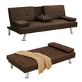 thumbnail image 1 of ASINMAK Futon Sofa Bed - Minimalist Solid Print Wood Pillow Top Arms Multifunctional Folding Convertible Sleeper Couch with 2 Cup Holders, Brown, 1 of 6