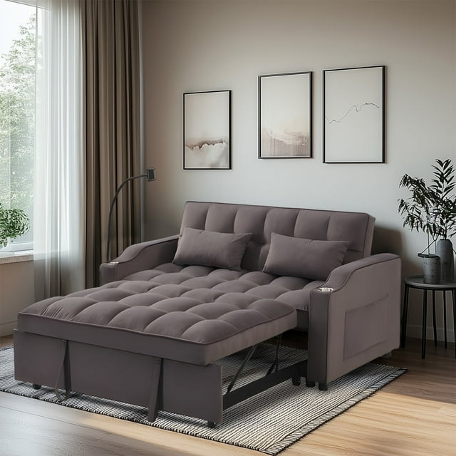 ASINMAK Convertible Sofa Bed Velvet Sleeper Sofa with Pull-Out Bed, 3-in-1 Futon Couch with Reclining Backrest and USB Support Side Pocket, Modern Loveseat for Living Room, Twin Size - Charcoal Gray