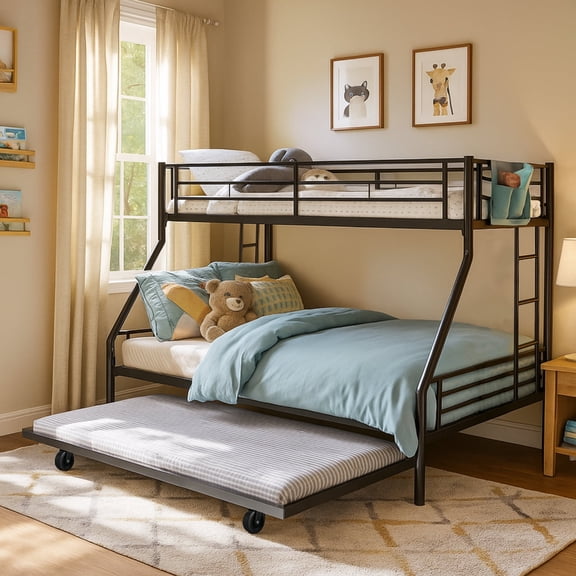 ASINMAK Metal Triple Bunk Bed with Trundle Twin over Full for Kids/Teens/Adults,Heavy Duty Bed Furniture with 13 inches High Guardrail,Space Saver Side Ladders and Underbed Storage,Black