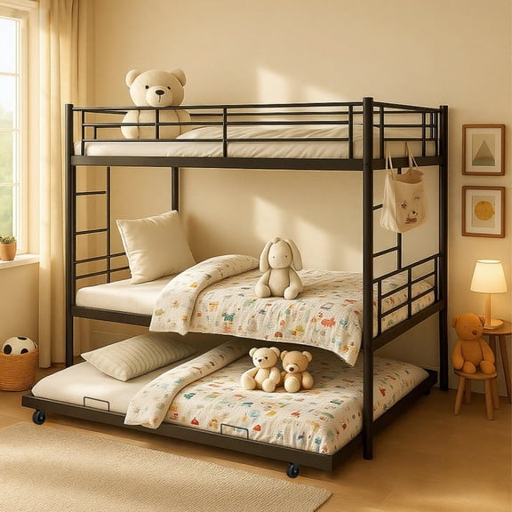 ASINMAK Metal Triple Bunk Bed with Trundle Twin over Twin for Kids/Teens/Adults,Heavy Duty 2-in-1 Convertible Beds with 12 inches High Guardrail,Space Saver Side Ladders and Underbed Storage,Black