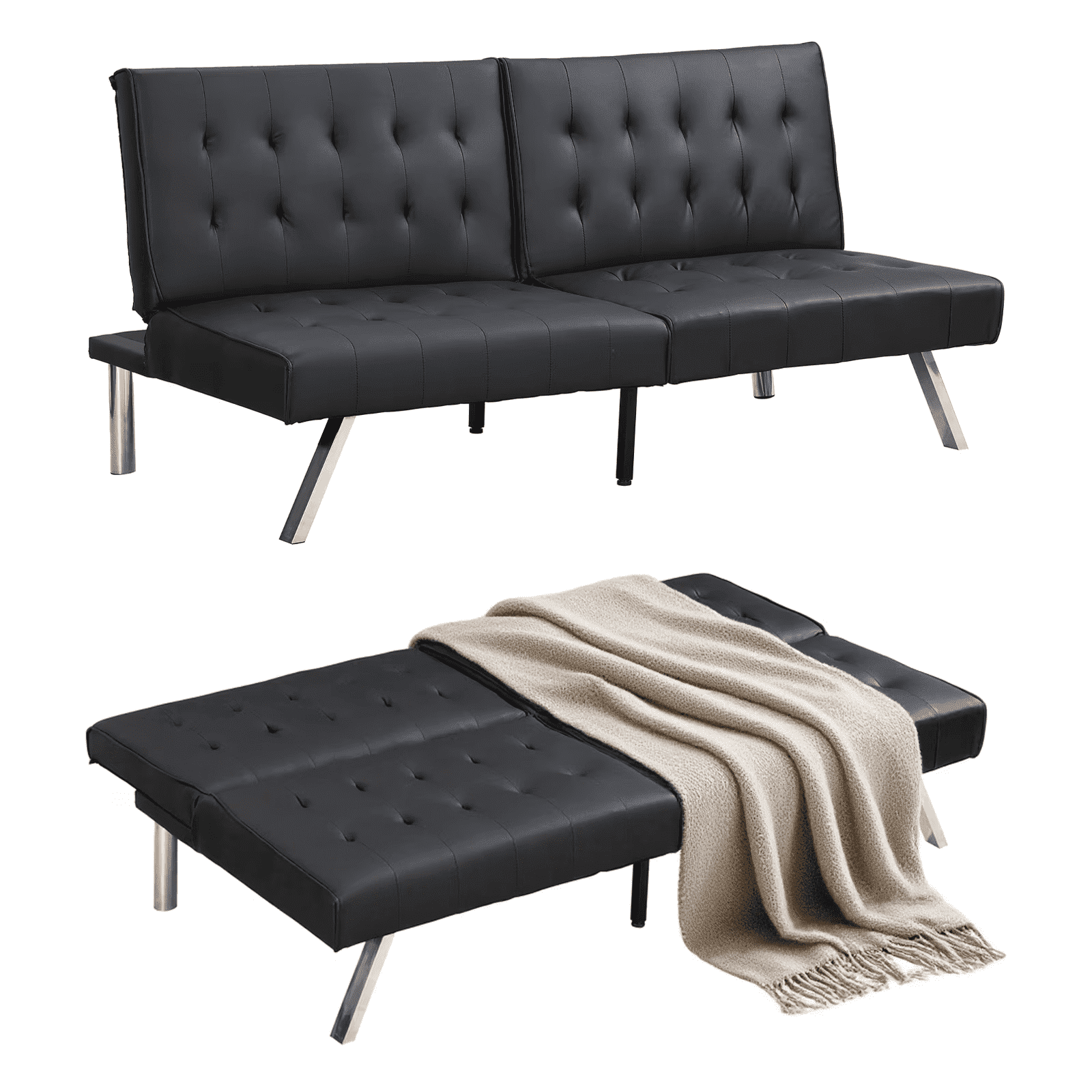 ASINMAK Minimalist Solid Print Wood Convertible Sofa Bed with Breathable Chenille and Metal Legs, Black