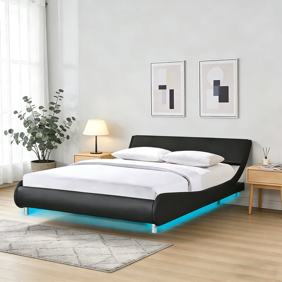 ASINMAK Queen Black Faux Leather Platform Bed Frame with LED APP & Remote Control, Curve Design, No Box Spring Needed