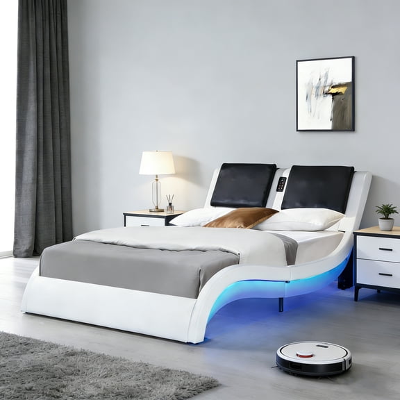 ASINMAK Queen Faux Leather Bed Frame with LED, Bluetooth Speakers, Vibration Massage & USB Ports, 800LBS Weight Capacity, White