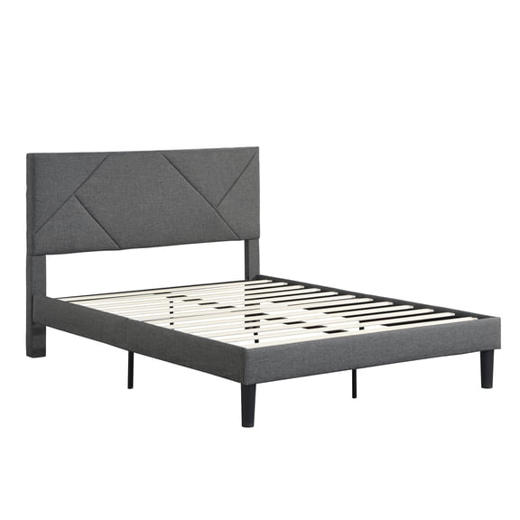 ASINMAK Queen Size Upholstered Platform Bed Frame with Fabric Headboard, Wooden Slats, and No Box Spring Design, Gray