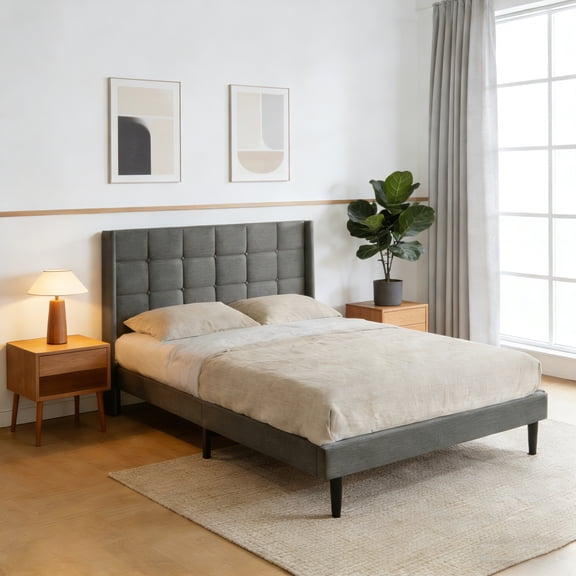 ASINMAK Queen Size Upholstered Platform Bed Frame, Button Tufted Linen Headboard, Dark Grey, No Box Spring Needed