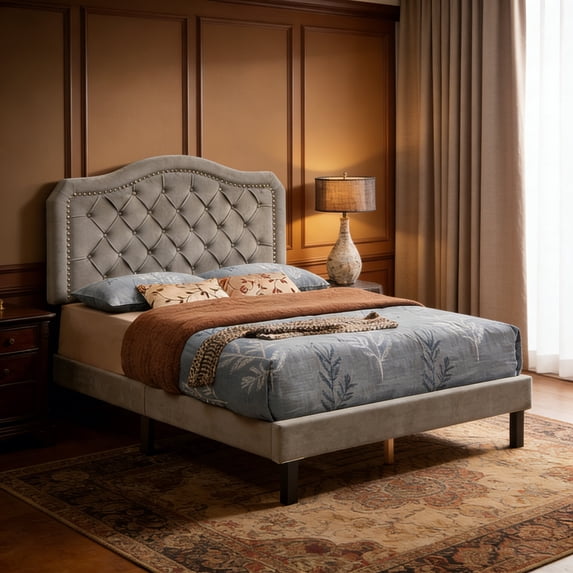ASINMAK Queen Size Velvet Platform Bed Frame, Curved Button Tufted Headboard with Nailhead Trim, Wood Slat Support, Gray