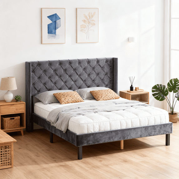 ASINMAK Queen Size Gray Velvet Upholstered Platform Bed Frame with Wingback Headboard
