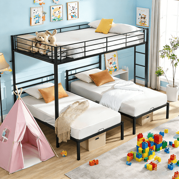 ASINMAK Triple Bunk Bed Metal Frame of Twin over Twin over Twin, for Kids/Teens/Adults Heavy Duty with 11 inches High Guardrail, Space Saver Side Ladders and Underbed Storage, Easy Assembly, Black