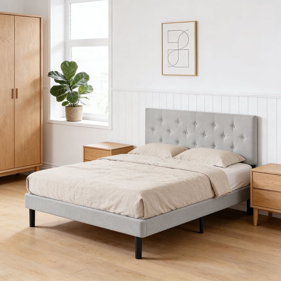 ASINMAK Twin Upholstered Platform Bed Frame, Linen Tufted, Light Gray, No Box Spring