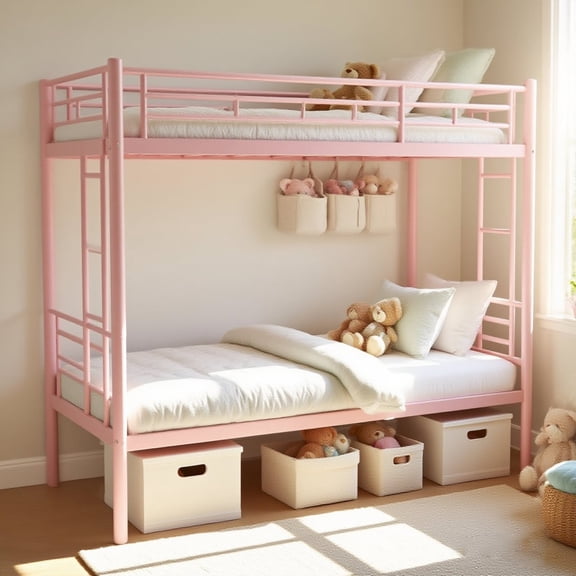 ASINMAK Twin over Twin Bunk Bed for Kids/Teens/Adults,Heavy Duty 2-in-1 Convertible Beds with 12 inches High Guardrail,Pink Metal Space Saver Side Ladders and Underbed Storage