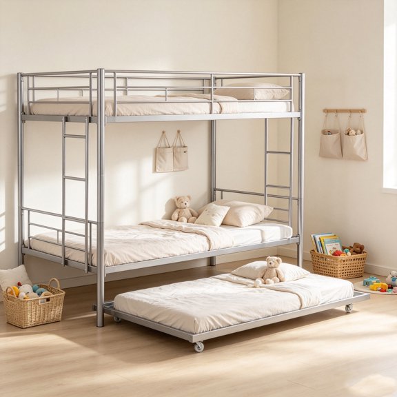 ASINMAK Twin over Twin Metal Triple Bunk Bed with Trundle, Heavy Duty 2-in-1 Convertible Bed for Teens & Adults, 12-inch High Guardrail, Space-Saving Side Ladder, Underbed Storage, Silver
