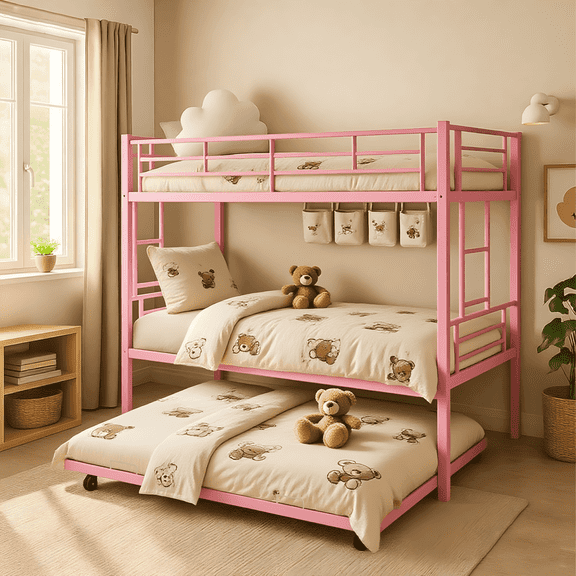 ASINMAK Twin over Twin Triple Bunk Bed with Trundle for Kids/Teens/Adults,Heavy Duty 2-in-1 Convertible Beds with 12 inches High Guardrail,Pink Metal Space Saver Side Ladders and Underbed Storage