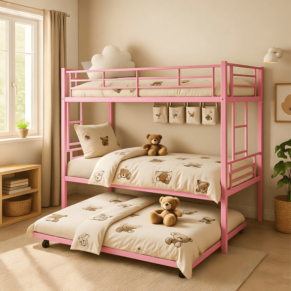 ASINMAK Twin over Twin Triple Bunk Bed with Trundle for Kids/Teens/Adults,Heavy Duty 2-in-1 Convertible Beds with 12 inches High Guardrail,Pink Metal Space Saver Side Ladders and Underbed Storage