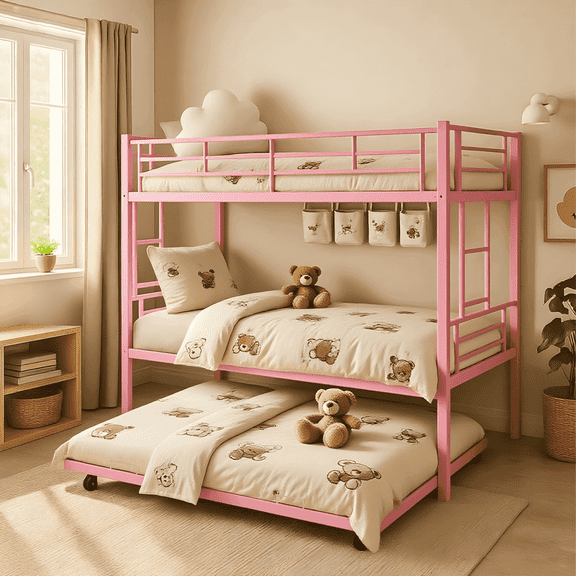 ASINMAK Twin over Twin Triple Bunk Bed with Trundle for Teens/Adults, Heavy Duty 2-in-1 Convertible Beds with 12 Inches High Guardrail, Pink Metal Space-Saving Side Ladders and Underbed Storage