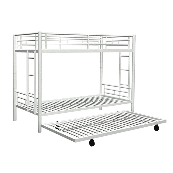 ASINMAK Twin-over-Twin Triple Bunk Bed with Trundle and Built-in Ladder, Metal, White