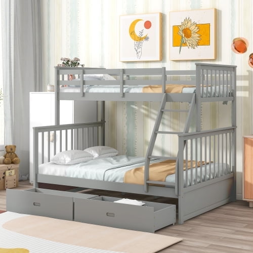 ASINMAK Twin over Full Bunk Beds and 2 Storage Drawers, Solid Wood Bed Bunk Frames with Ladder - Grey