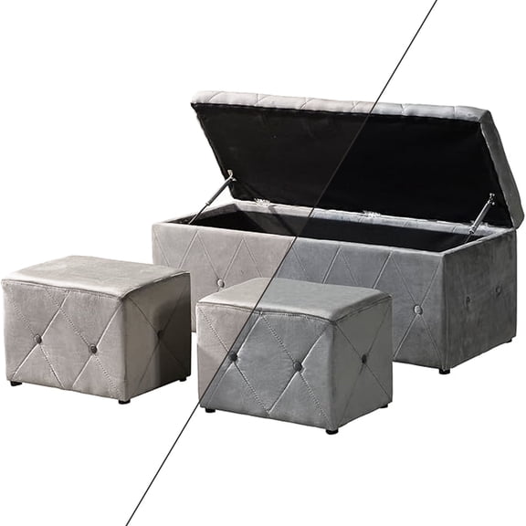 ASINMAK Clearance one Set 1 Storage Ottoman Bench with 2 Cube Ottoman Set, Upholstered Velvet Entryway Bench for Living Room/Bedroom/End of Bed/Entryway, 2 colors Random 1 Color
