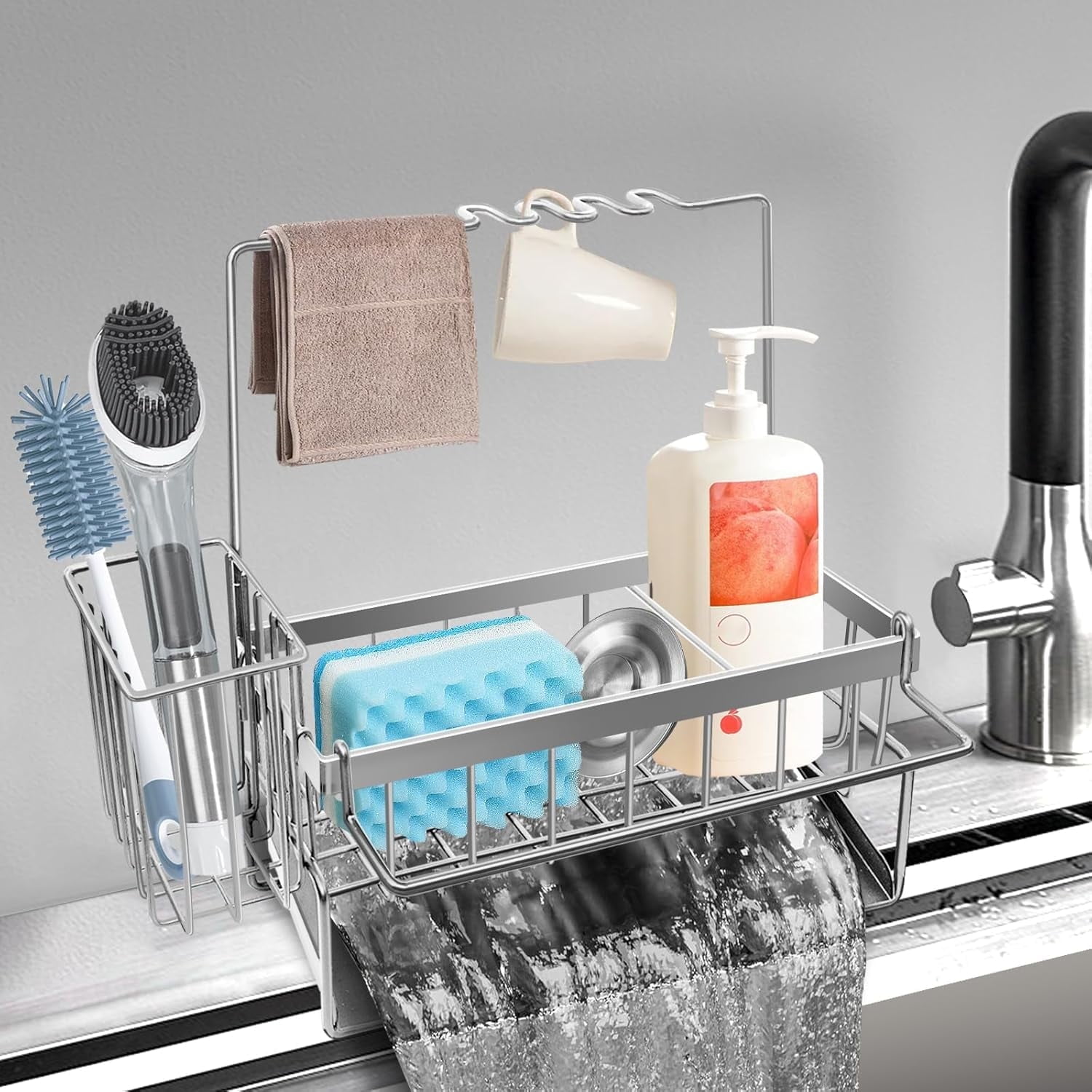 ASIOWQ Sponge Holder for Kitchen Sink, Rustproof Kitchen Sink Organizer, Sink Caddy Organizer with High Brush Holder, Multifunctional Sink Dispenser Kitchen Accessories(silvery) - Walmart.com