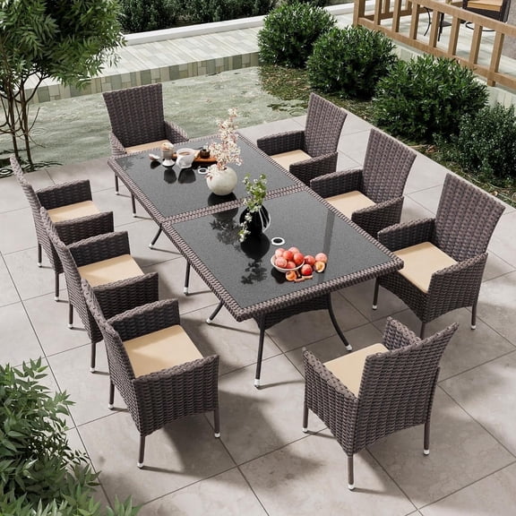 ASJMR 10 Pieces Dining Set Outdoor Indoor with PE Rattan Wicker Umbrella Hole Patio Dining Table and Armrest Chairs, Sand