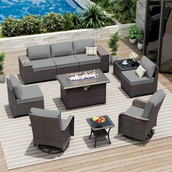 ASJMR 10 Pieces Wicker Patio Furniture Set With 43" Gas Fire Pit Table & 2 Swivel Chairs,Outdoor Rattan Sectional Sofa Conversation Set With Cushions & Tables,Gray