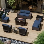 ASJMR 10 Pieces Wicker Patio Furniture Set With 43" Gas Fire Pit Table & 2 Swivel Chairs,Outdoor Rattan Sectional Sofa Conversation Set With Cushions & Tables,Navy