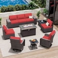 thumbnail image 1 of ASJMR 10 Pieces Wicker Patio Furniture Set With 43" Gas Fire Pit Table & 2 Swivel Chairs,Outdoor Rattan Sectional Sofa Conversation Set With Cushions & Tables,Red, 1 of 10