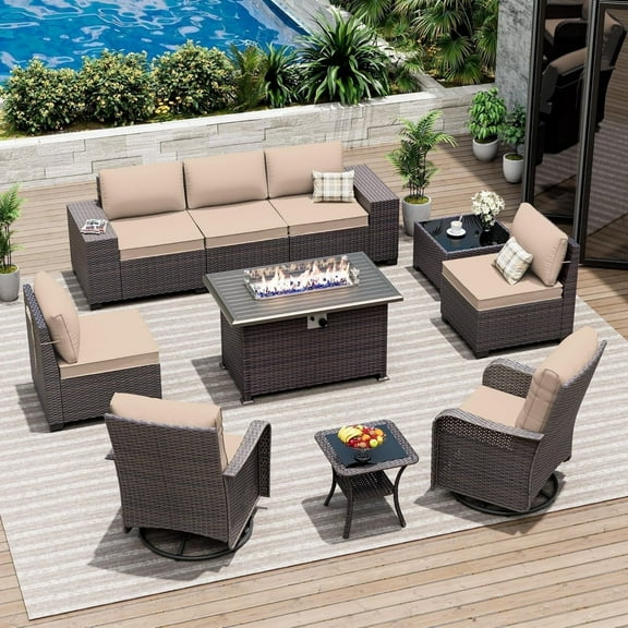 ASJMR 10 Pieces Wicker Patio Furniture Set With 43" Gas Fire Pit Table & 2 Swivel Chairs,Outdoor Rattan Sectional Sofa Conversation Set With Cushions & Tables,Sand
