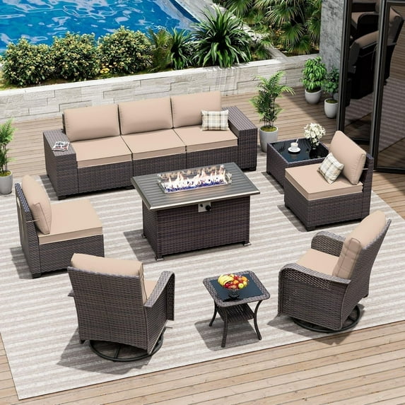 ASJMR 10 Pieces Wicker Patio Furniture Set With 43" Gas Fire Pit Table & 2 Swivel Chairs,Outdoor Rattan Sectional Sofa Conversation Set With Cushions & Tables,Sand