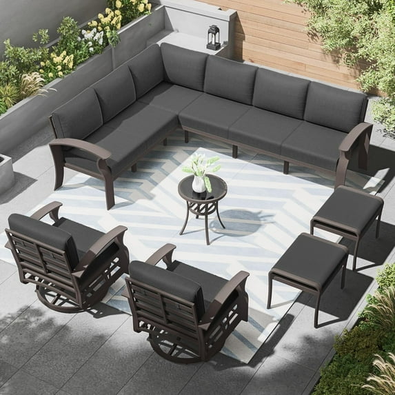 ASJMR 10-seat Outdoor Patio Furniture Set Aluminum L-Shaped Outside Conversation Sofa Sets with Swivel Rocking Chairs and Footstools,Gray