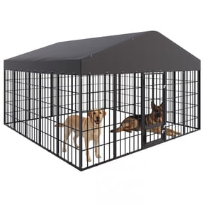 ASJMR 10 x 10 x 6 FT Outdoor Heavy-Duty Dog Enclosure, Galvanized Steel Dog Playpen with Waterproof Canopy, Feeding Door & Dual Safety Locks, Rust-Resistant Large Dog Run for Outdoor Use