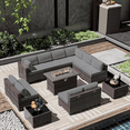 thumbnail image 1 of ASJMR 10PCS Rattan Sectional Sofa with 43" Gas Propane Fire Pit Table & 2 Coffee Tables,13 Pieces Outdoor PE Wicker Patio Conversation Sets,Blue, 1 of 9