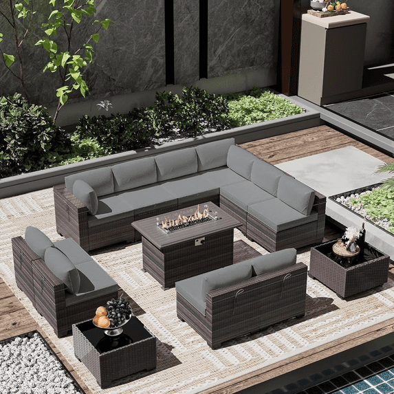 ASJMR 10PCS Rattan Sectional Sofa with 43" Gas Propane Fire Pit Table & 2 Coffee Tables,13 Pieces Outdoor PE Wicker Patio Conversation Sets,Blue
