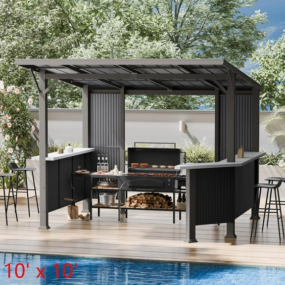 ASJMR 10x10 Ft Grill Gazebo Canopy Outdoor Hardtop Galvanized Steel BBQ Pergola Shelter with Independent Countertop and Multi Shelves for Patio Backyard Lawn Garden