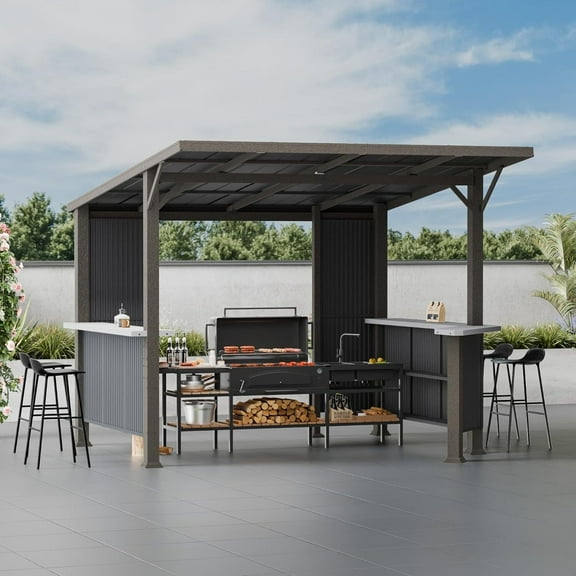 ASJMR 10x10 Ft Grill Gazebo Canopy Outdoor Hardtop Galvanized Steel BBQ Pergola Shelter with Independent Countertop and Multi Shelves for Patio Backyard