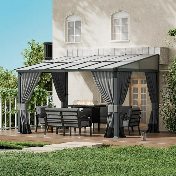 ASJMR 10x12FT Wall Mounted Gazebo with Polycarbonate Roof,Metal Frame Lean to Gazebo With Double Curtains for Garden Lawn Backyard Deck,Gray