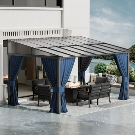 ASJMR 10x14FT Wall Mounted Gazebo with Polycarbonate Roof,Metal Frame Lean to Gazebo With Double Curtains for Garden Lawn Backyard Deck,Navy