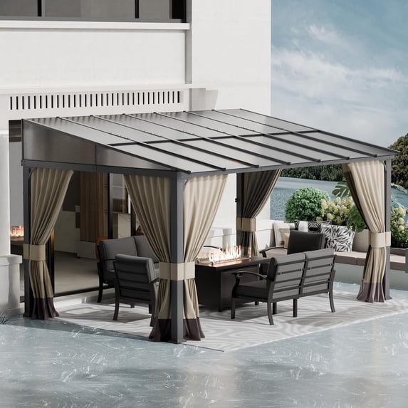 ASJMR 10x14FT Wall Mounted Gazebo with Polycarbonate Roof,Metal Frame Lean to Gazebo With Double Curtains for Garden Lawn Backyard Deck,Sand