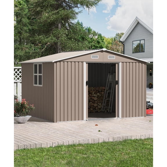 ASJMR 10x8 Ft Metal Storage Shed with 1 side window and 2 Lockable Doors,All Weather Outdoor Gardening Tool Storage Room,Brown
