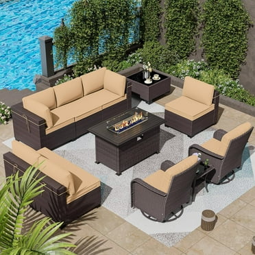 ASJMR 11 Pieces Outdoor Patio Furniture Set with 43" Gas Fire Pit Table & 2 Swivel Chairs,PE Rattan Wicker Sectional Sofa Conversation Sets with Cushions & Tables,Sand