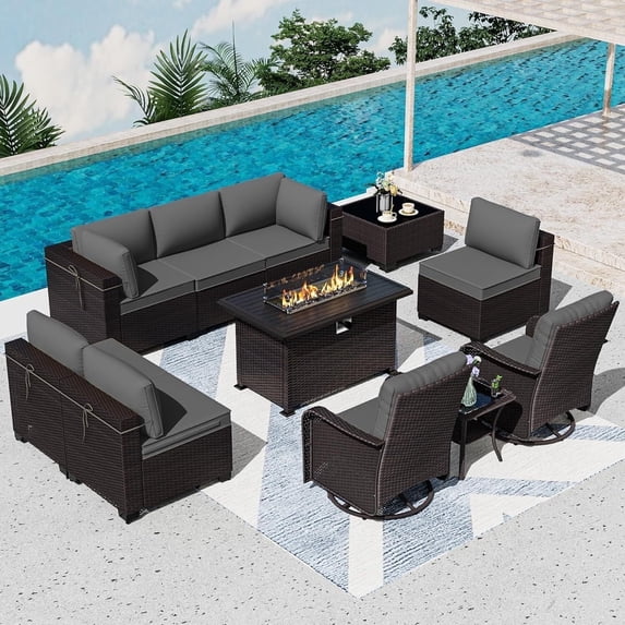 ASJMR 11 Pieces Wicker Patio Furniture Set With 43" Gas Fire Pit Table & 2 Swivel Chairs,Outdoor Rattan Sectional Sofa Conversation Set With Cushions & Tables,Gray