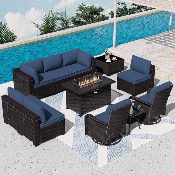 ASJMR 11 Pieces Wicker Patio Furniture Set With 43" Gas Fire Pit Table & 2 Swivel Chairs,Outdoor Rattan Sectional Sofa Conversation Set With Cushions & Tables,Navy