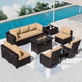 thumbnail image 1 of ASJMR 11 Pieces Wicker Patio Furniture Set with 43" Gas Fire Pit Table & 2 Swivel Chairs,Outdoor Rattan Sectional Sofa Conversation Set With Cushions & Tables,Sand, 1 of 9