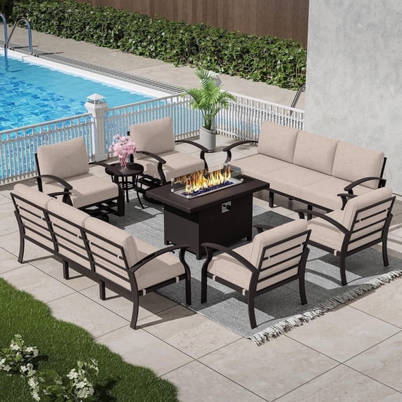 ASJMR 11PCS Aluminum Patio Furniture Set, Outdoor Conversation Sets w/5.1 " Cushion Patio Sectional Sofa with 45" Fire Pit Table, Sand