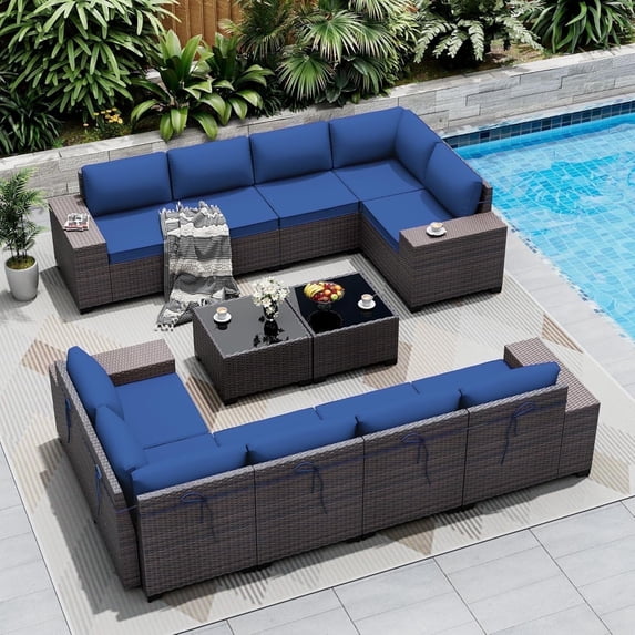 ASJMR 12PCS PE Rattan Patio Furniture Conversation Set All-Weather Sectional Sofa Set with Coffee Table & Cushions (Navy Blue)