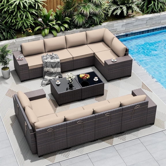 ASJMR 12PCS PE Rattan Patio Furniture Conversation Set All-Weather Sectional Sofa Set with Coffee Table & Cushions (Sand)