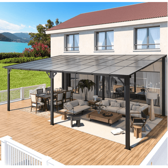 ASJMR 12’x20’ Outdoor Lean to Pergola, PVC Hardtop Metal Gazebo, Canopy for Patio, Backyard, Garden, Weather-Resistant, Wind-Stable