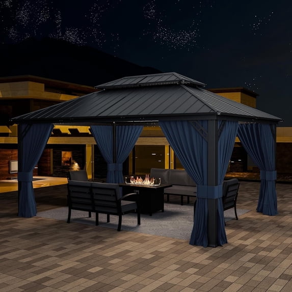 ASJMR 12x16 FT Hardtop Gazebo Double Roof With Metal Frame,Outdoor Pavilion with Curtains and Nettings,Garden Tent For Courtyards Backyards Decks Grass,Navy