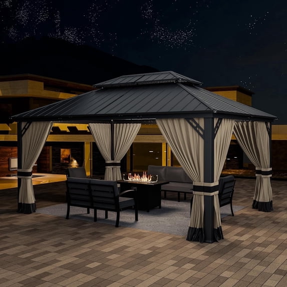 ASJMR 12x16 FT Hardtop Gazebo Double Roof with Metal Frame,Outdoor Pavilion with Curtains and Nettings,Garden Tent For Courtyards Backyards Decks Grass,Sand