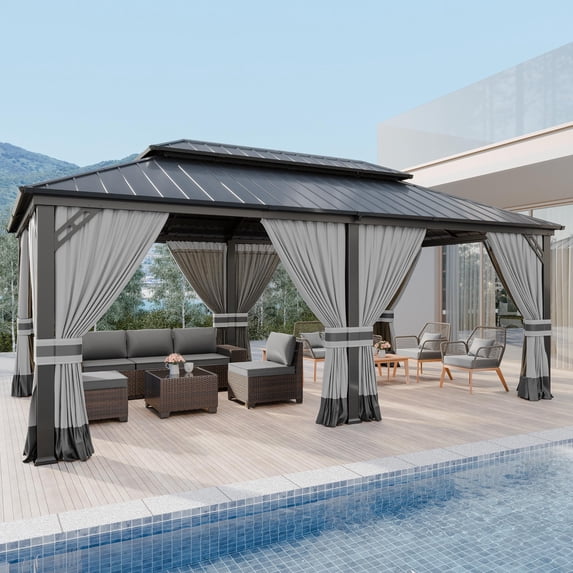 ASJMR 12x20 FT Hardtop Gazebo Double Roof with Metal Frame,Outdoor Pavilion with Curtains and Nettings,Garden Tent For Courtyards Backyards Decks Grass,Gray